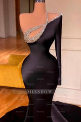 Sexy Long Black One Shoulder Long Sleeve Mermaid Prom Evening Dresses with Glitter