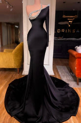 Sexy Long Black One Shoulder Long Sleeve Mermaid Prom Evening Dresses with Glitter
