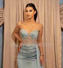 Sexy Long Blue Slit Glitter Mermaid Prom Evening Dresses with Ruffles