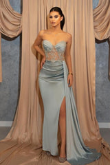 Sexy Long Blue Slit Glitter Mermaid Prom Evening Dresses with Ruffles