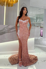 Sexy Long Dusty Rose Strapless Sequined Lace Prom Evening Dresses with Slit