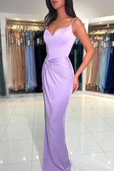 Sexy Long Lilac Simple Mermaid Spaghetti Straps Prom Evening Dresses