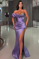 Sexy Long Mermaid Purple One Shoulder Sleeveless Rhinestones Prom Evening Dresses with Slit