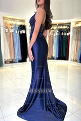 Sexy Long Navy Blue Mermaid V-neck Spaghetti Straps Lace Prom Evening Dresses With Slit