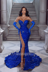 Sexy Long Red Glitter V-neck Sleeveless Sequined Mermaid Evening Dresses With Slit