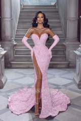 Sexy Long Red Glitter V-neck Sleeveless Sequined Mermaid Evening Dresses With Slit