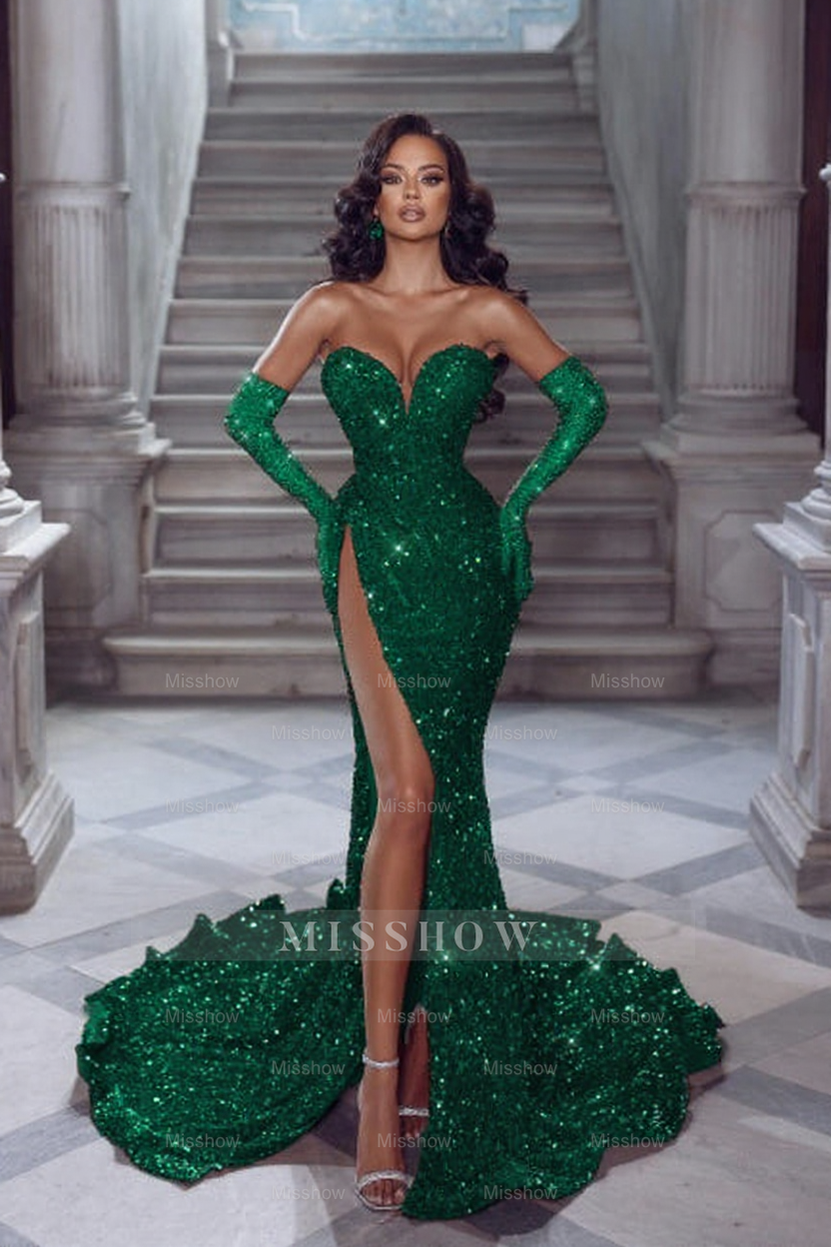 Sexy Long Red Glitter V-neck Sleeveless Sequined Mermaid Evening Dresses With Slit