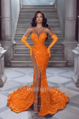 Sexy Long Red Glitter V-neck Sleeveless Sequined Mermaid Evening Dresses With Slit