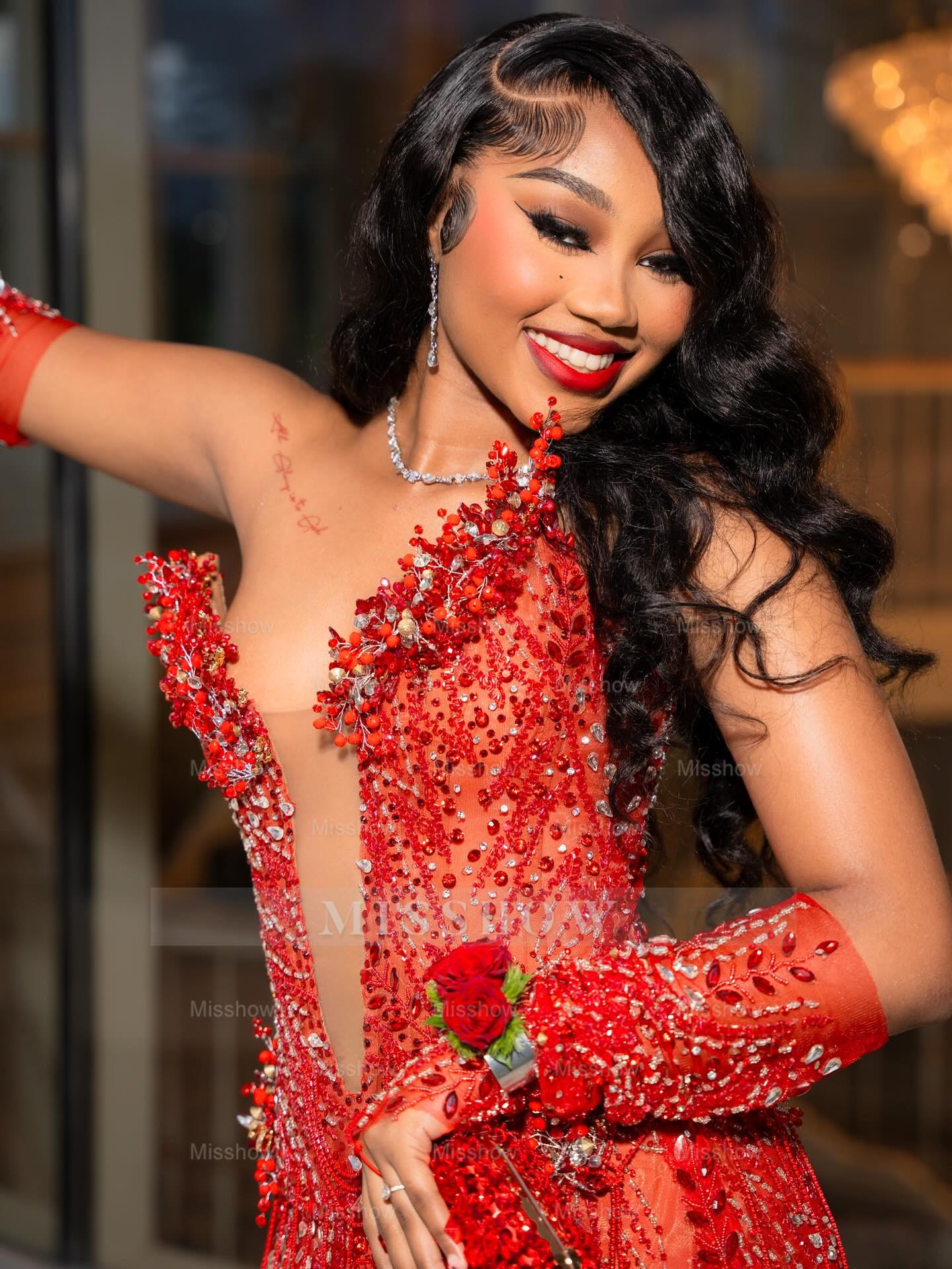 Sexy Long Red V-Neck Long Sleeves Mermaid Prom Dress with Rhinestones and Detachable Sleeves