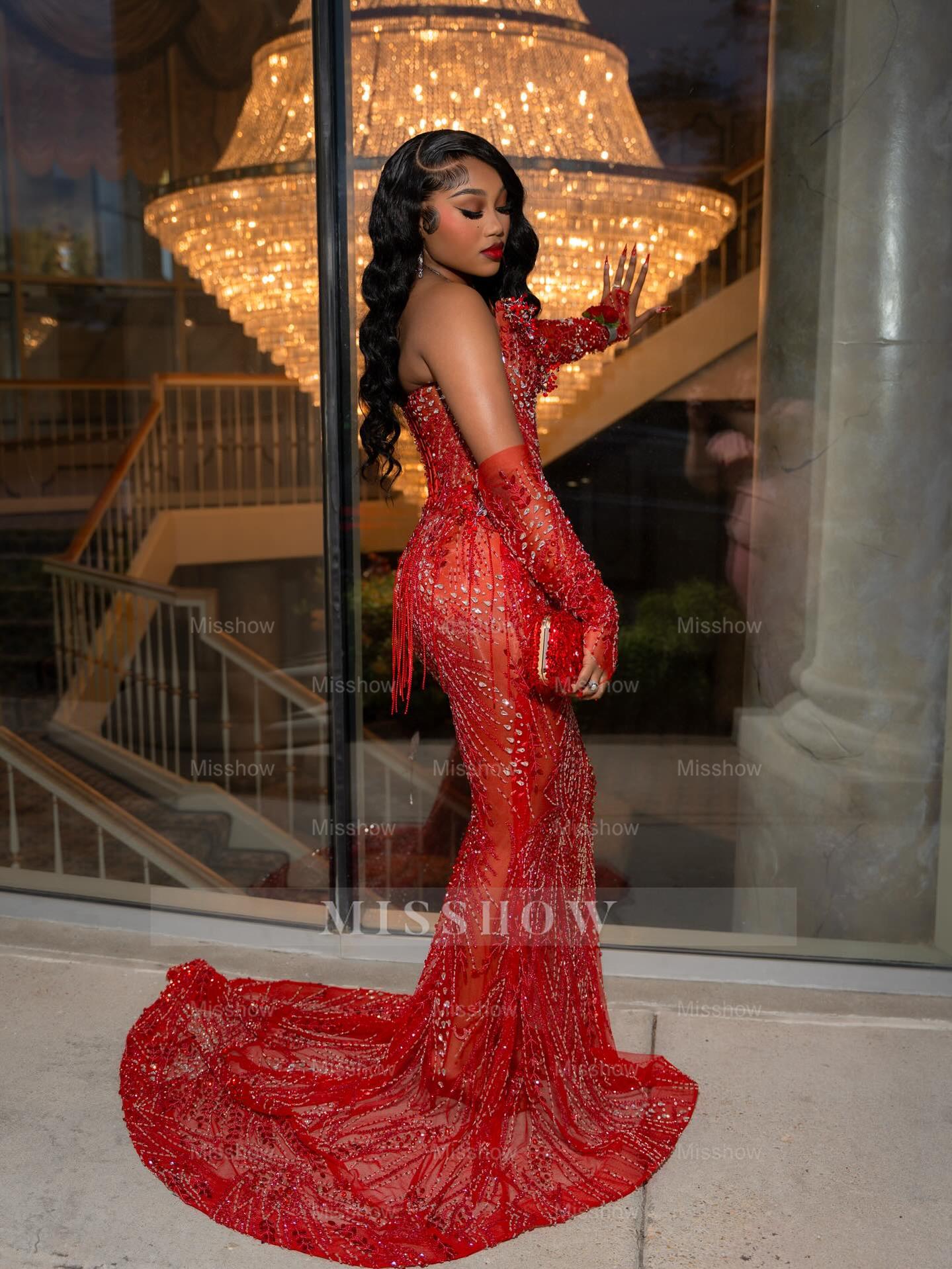 Sexy Long Red V-Neck Long Sleeves Mermaid Prom Dress with Rhinestones and Detachable Sleeves