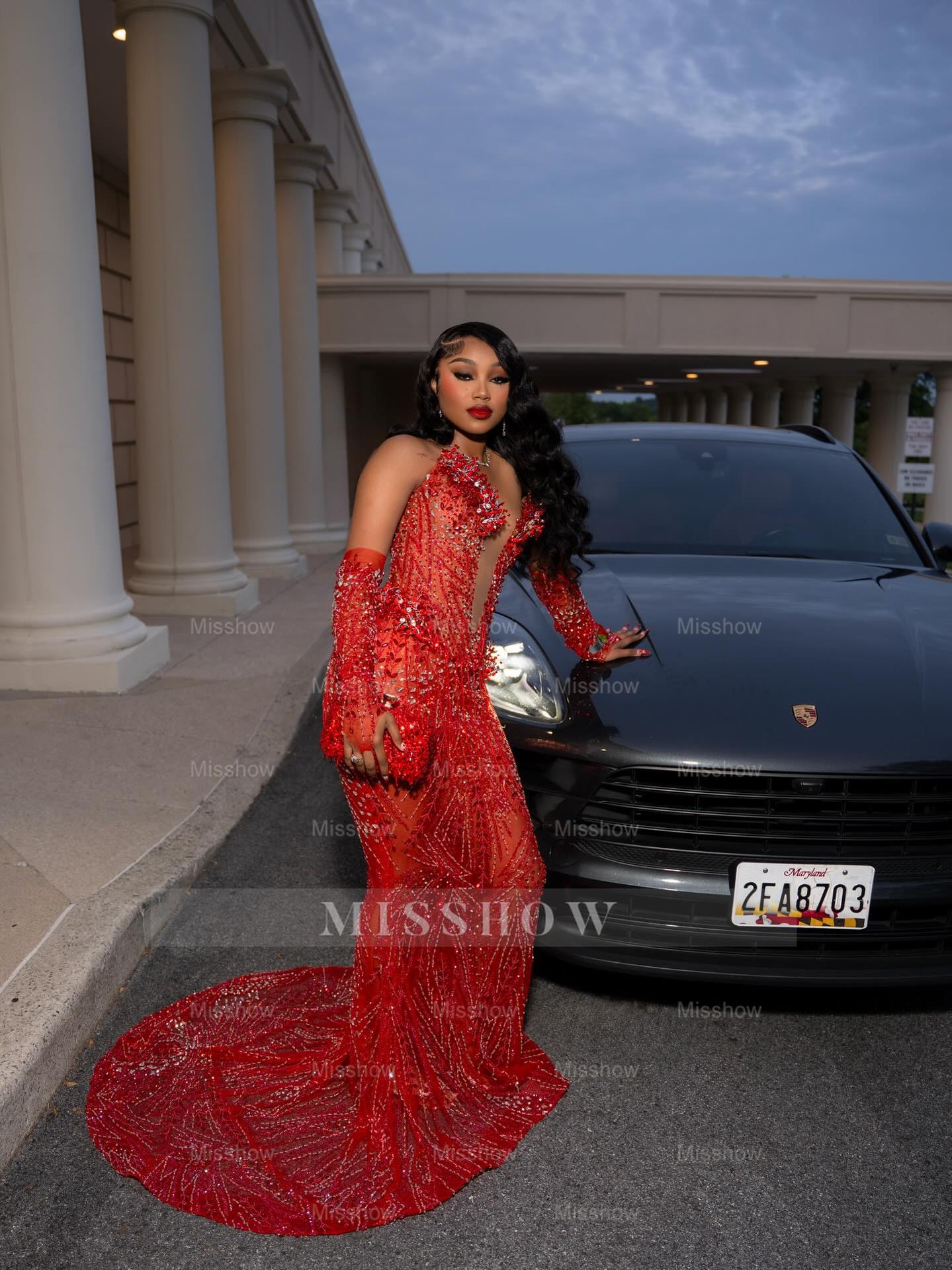 Sexy Long Red V-Neck Long Sleeves Mermaid Prom Dress with Rhinestones and Detachable Sleeves