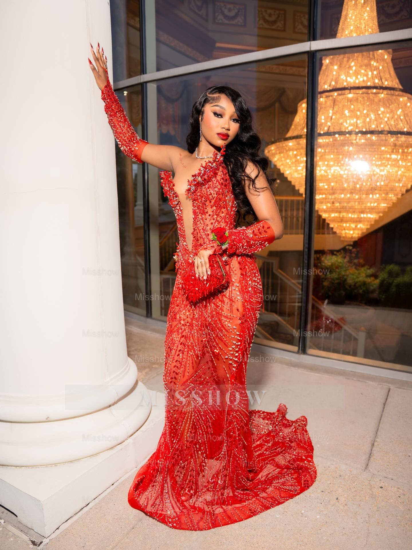 Sexy Long Red V-Neck Long Sleeves Mermaid Prom Dress with Rhinestones and Detachable Sleeves