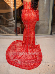 Sexy Long Red V-Neck Long Sleeves Mermaid Prom Dress with Rhinestones and Detachable Sleeves