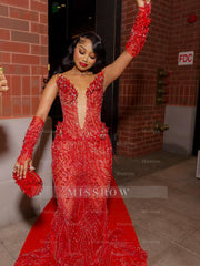 Sexy Long Red V-Neck Long Sleeves Mermaid Prom Dress with Rhinestones and Detachable Sleeves