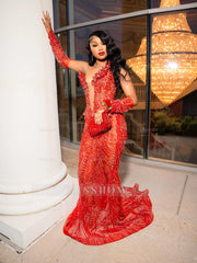 Sexy Long Red V-Neck Long Sleeves Mermaid Prom Dress with Rhinestones and Detachable Sleeves