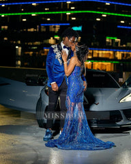 Sexy Long Royal Blue Sweetheart Sleeveless Mermaid Prom dress with Beadings and Slit