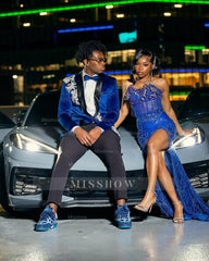 Sexy Long Royal Blue Sweetheart Sleeveless Mermaid Prom dress with Beadings and Slit