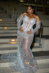 Sexy Long Silver Sweetheart Long Sleeves Mermaid Prom Dress with Sequins and Detachable Sleeves