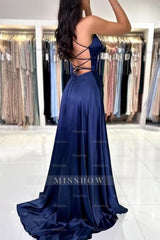 Sexy Long Simple Navy Blue Spaghetti Straps Prom Evening Dresses with Slit
