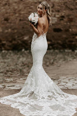 Sexy Long White Spaghetti Straps Mermaid Backless Wedding Dress with Lace
