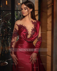 Sexy Mermaid Long Sleeves Burgundy Prom Evening Dresses with Ruffles
