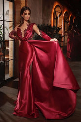 Sexy Mermaid Long Sleeves Burgundy Prom Evening Dresses with Ruffles