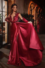 Sexy Mermaid Long Sleeves Burgundy Prom Evening Dresses with Ruffles