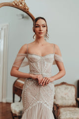 Sexy Mermaid Off-The-Shoulder Spaghetti Strap Sleeveless Lace Long Tulle Wedding Dresses With Appliques