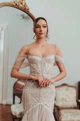 Sexy Mermaid Off-The-Shoulder Spaghetti Strap Sleeveless Lace Long Tulle Wedding Dresses With Appliques