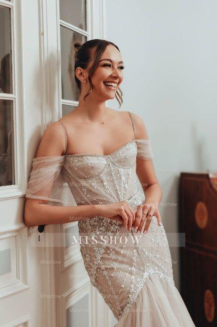 Sexy Mermaid Off-The-Shoulder Spaghetti Strap Sleeveless Lace Long Tulle Wedding Dresses With Appliques