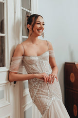 Sexy Mermaid Off-The-Shoulder Spaghetti Strap Sleeveless Lace Long Tulle Wedding Dresses With Appliques