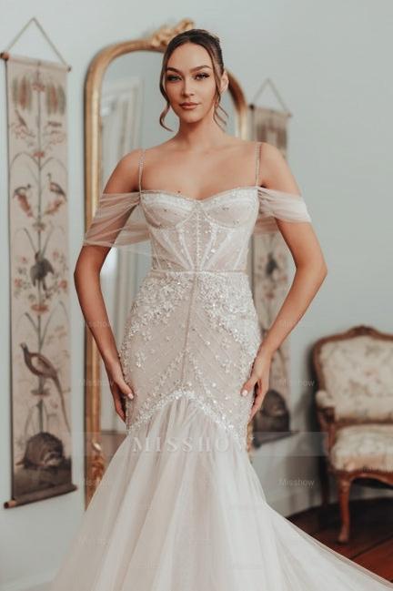 Sexy Mermaid Off-The-Shoulder Spaghetti Strap Sleeveless Lace Long Tulle Wedding Dresses With Appliques