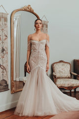 Sexy Mermaid Off-The-Shoulder Spaghetti Strap Sleeveless Lace Long Tulle Wedding Dresses With Appliques