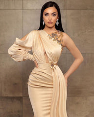 Sexy Mermaid One-Shoulder Charmeuse Prom Evening Dresses with Beadings