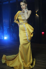 Sexy One Puffy Sleeves Satin Mermaid Prom Evening Dresses with Glitter Crystals