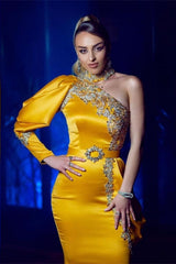 Sexy One Puffy Sleeves Satin Mermaid Prom Evening Dresses with Glitter Crystals