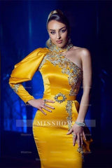 Sexy One Puffy Sleeves Satin Mermaid Prom Evening Dresses with Glitter Crystals