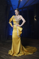 Sexy One Puffy Sleeves Satin Mermaid Prom Evening Dresses with Glitter Crystals