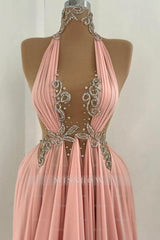 Sexy Pink A-Line Halter High-Neck Beaded Sleeveless Floor-Length Chiffon Prom Dresses With Rhinestone