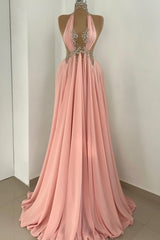 Sexy Pink A-Line Halter High-Neck Beaded Sleeveless Floor-Length Chiffon Prom Dresses With Rhinestone