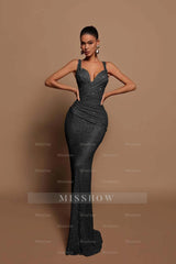 Sexy Pink Long Sequins Formal Dress V Neck Mermaid Sleeveless