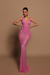 Sexy Pink Long Sequins Formal Dress V Neck Mermaid Sleeveless