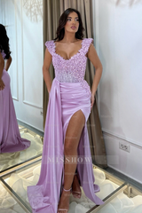 Sexy Pink Mermaid Sweetheart Sleeveless Beaded Ruffle Split Front Panel Train Satin Prom Dresses With Rhinestone