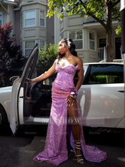 Sexy Purple Sweetheart Sleeveless Mermaid Prom Dress with Slit and Sequins