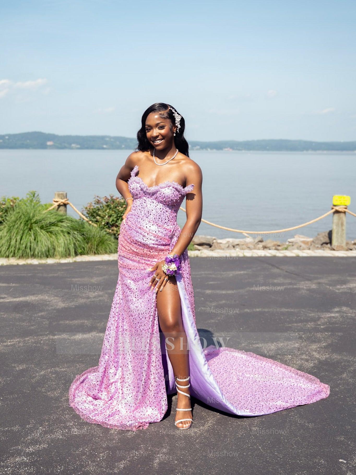 Sexy Purple Sweetheart Sleeveless Mermaid Prom Dress with Slit and Sequins