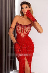 Sexy Red Strapless Sequins Beading Ruffle Split Sweep Train Front Prom Evening Dresses With Gloves
