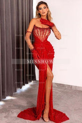 Sexy Red Strapless Sequins Beading Ruffle Split Sweep Train Front Prom Evening Dresses With Gloves