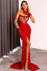 Sexy Red Strapless Sequins Beading Ruffle Split Sweep Train Front Prom Evening Dresses With Gloves