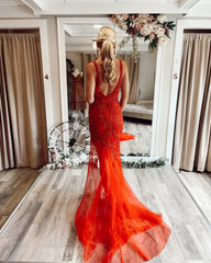 Sexy Red V-Neck Sleeveless Backless Mermaid Prom Dress with Appliques and Slit