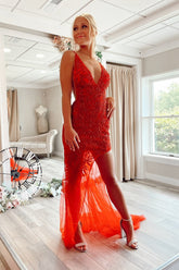Sexy Red V-Neck Sleeveless Backless Mermaid Prom Dress with Appliques and Slit